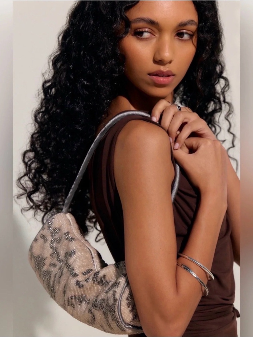 NWT NWT Free People Bailey Beaded Barrel Shoulder Bag Cream Grey Neutral